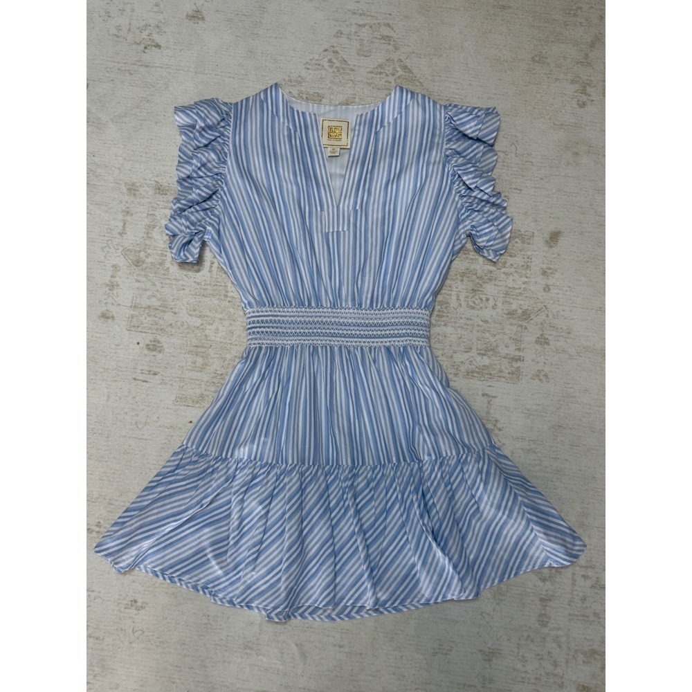 Emily McCarthy Blue White Striped Smocked Waist Ruffle Sleeve Mini Dress Size M